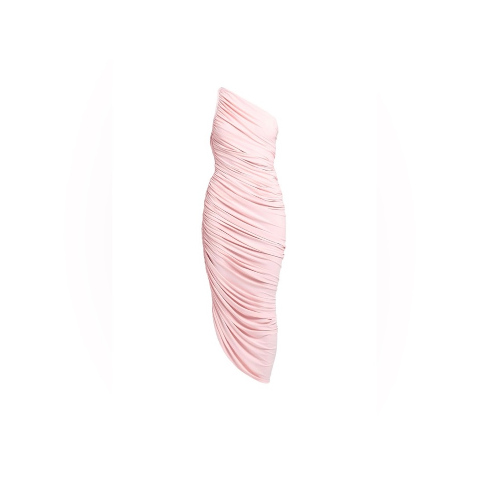NWT Norma Kamali Diana Pink One Shoulder Ruched Jersey Mini Bodysuit Dress S